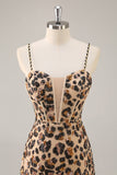 Khaki Leopard Corset Bodycon Short Homecoming Dress with Sequins