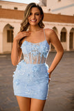 Blue Corset Appliqued Tight Homecoming Dress