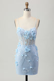 Bodycon Corset Sequin Blue Homecoming Dress with 3D Flowers