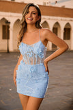 Blue Corset Appliqued Tight Homecoming Dress