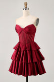 Burgundy Beaded Corset A Line Strapless Tiered Homecoming Dress