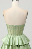 Corset A Line Strapless Tiered Beaded Green Homecoming Dress