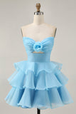 Purple Tiered Ruffle Strapless A Line Homecoming Dress