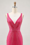 Fuchsia V-Neck Beaded Tight Homecoming Dress