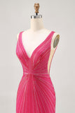 Fuchsia V-Neck Beaded Tight Homecoming Dress