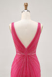 Fuchsia V-Neck Beaded Tight Homecoming Dress