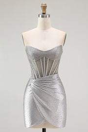 Grey Silver Strapless Beaded Satin Corset Mini Dress