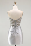 Grey Silver Strapless Beaded Satin Corset Mini Dress