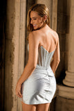 Grey Silver Beaded Corset Bodycon Strapless Homecoming Dress