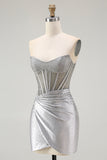 Grey Silver Strapless Beaded Satin Corset Mini Dress