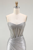 Grey Silver Strapless Beaded Satin Corset Mini Dress