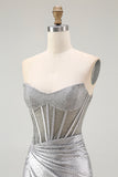 Grey Silver Strapless Beaded Satin Corset Mini Dress