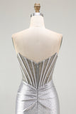 Grey Silver Strapless Beaded Satin Corset Mini Dress
