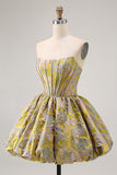 Floral Brocade A Line Strapless Yellow Homecoming Dress