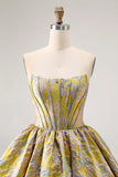 Floral Brocade A Line Strapless Yellow Homecoming Dress