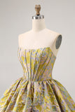 Floral Brocade A Line Strapless Yellow Homecoming Dress