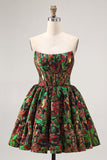 Dark Green Brocade Floral A Line Corset Homecoming Dress