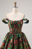 Dark Green Brocade Floral A Line Corset Homecoming Dress