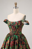 Dark Green Brocade Floral A Line Corset Homecoming Dress