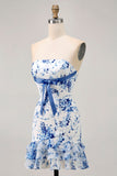 White Blue Flower Printed Bodycon Strapless Homecoming Dress