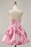 Pink Flower A-Line Printed Corset Strapless Homecoming Dress