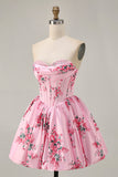 Pink Flower A-Line Printed Corset Strapless Homecoming Dress
