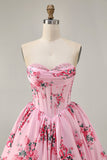 Pink Flower A-Line Printed Corset Strapless Homecoming Dress