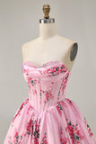 Pink Flower A-Line Printed Corset Strapless Homecoming Dress