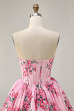 Pink Flower A-Line Printed Corset Strapless Homecoming Dress
