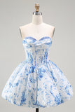 Pink Flower A-Line Printed Corset Strapless Homecoming Dress