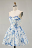 Pink Flower A-Line Printed Corset Strapless Homecoming Dress