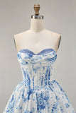 Pink Flower A-Line Printed Corset Strapless Homecoming Dress