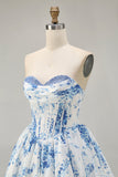 Pink Flower A-Line Printed Corset Strapless Homecoming Dress
