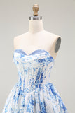 Pink Flower A-Line Printed Corset Strapless Homecoming Dress