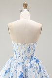 Pink Flower A-Line Printed Corset Strapless Homecoming Dress