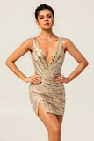 Sparkly Golden V-Neck Bodycon Homecoming Dress