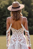 Lace Cold Shoulder High Low White Wedding Dress