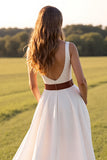 White A Line V-Neck Wedding Dress with Slit