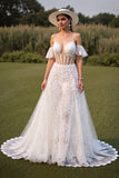 White Corset Ruffled Wedding Dress with Appliques