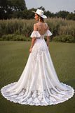 White Corset Ruffled Wedding Dress with Appliques