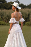 White Corset Ruffled Wedding Dress with Appliques