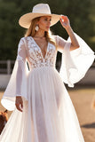 White Flare Sleeve A Line Wedding Dress with Appliques