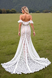 Off The Shoulder Lace White High Low Wedding Dress