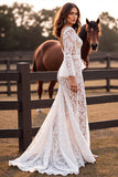 Mermaid White Lace Long Sleeve Wedding Dress with Slit