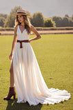 A Line White V-Neck Wedding Dress with Slit