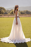 A Line White V-Neck Wedding Dress with Slit