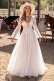 White A Line Appliqued Wedding Dress with Long Sleeves