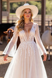White A Line Appliqued Wedding Dress with Long Sleeves