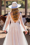 White A Line Appliqued Wedding Dress with Long Sleeves