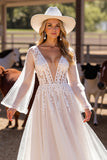 White A Line Appliqued Wedding Dress with Long Sleeves